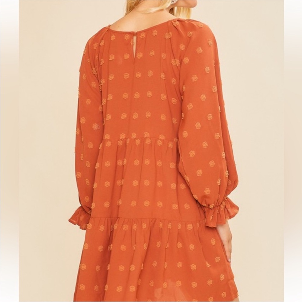 NWT - Rust Orange Long Sleeve Boho Swiss Dot Fall Dress - Picture 2 of 4